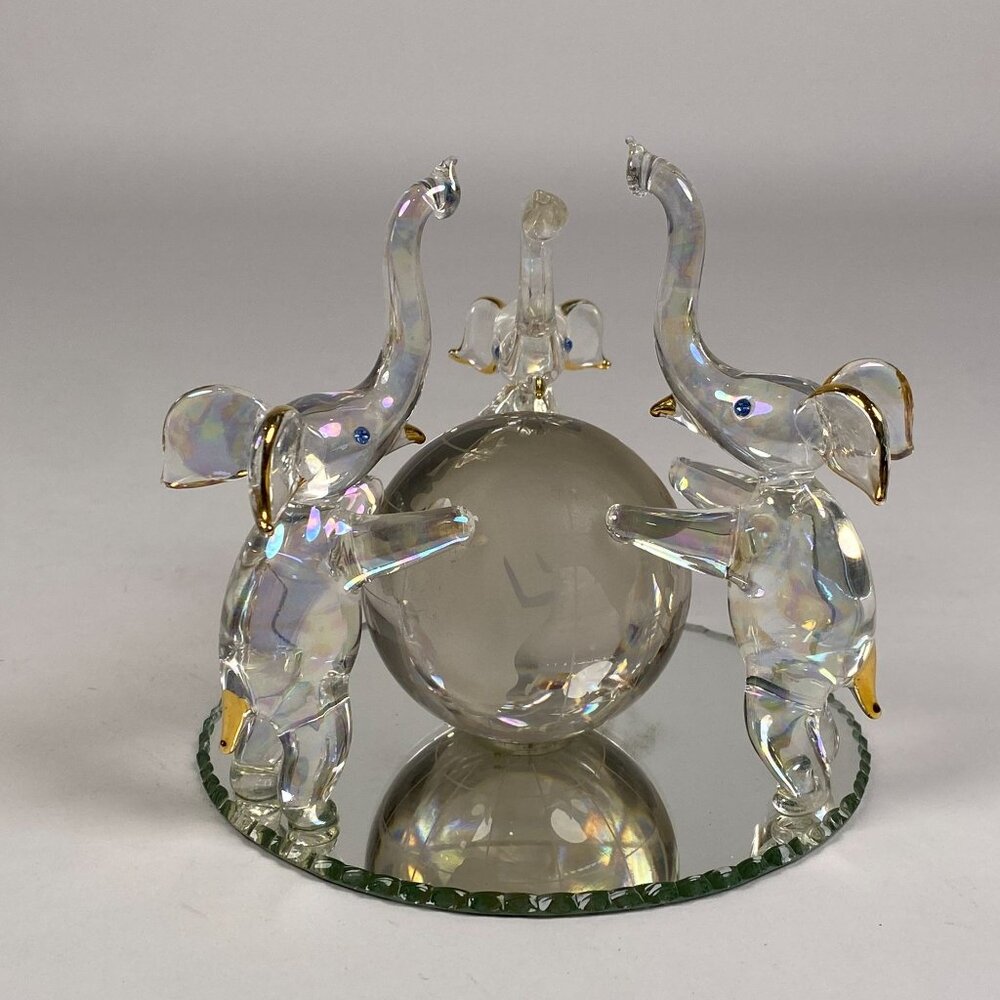 3 Hand Blown Glass Elephants on Globe Figurine Blue Rhinestone Eyes Mirror Base - Picture 6 of 11